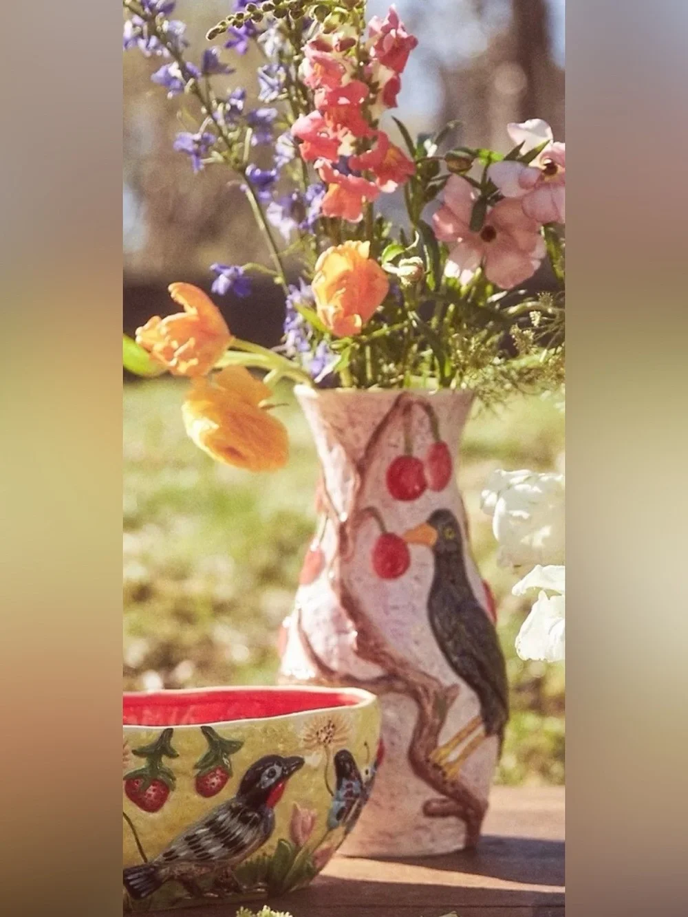 Anthropologie Nathalie Lete Nature Nurture Large Vase🔥Blackbird and cherries